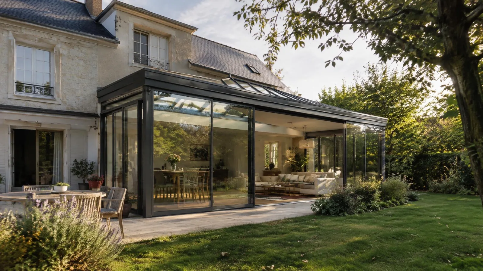 Véranda lumineuse ouverte sur un jardin, continuité entre l'intérieur et l'extérieur